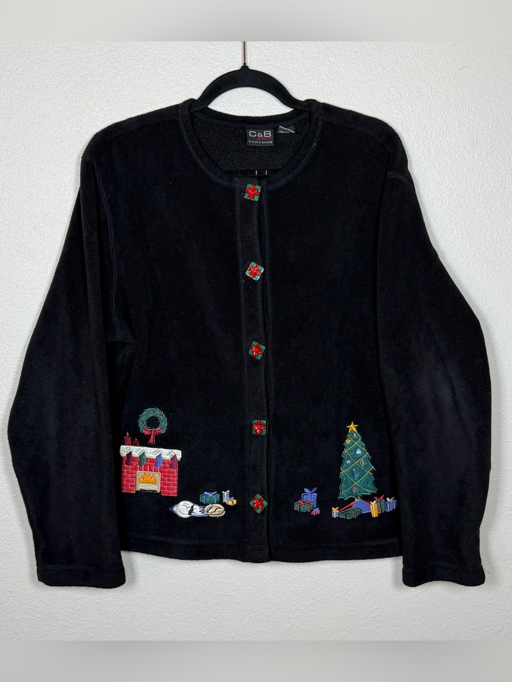 Vintage L Fleece Button Front Cardigan Christmas Holiday Sweater Granny Cottage